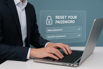 Password Reset: An anonymous professional is engrossed in the password reset process, typing diligently on a laptop with an overlay displaying the Reset Your Password prompt.