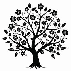 Stylized Silhouette of a Tree with Leaves and Blossoms in a Bold Black Design