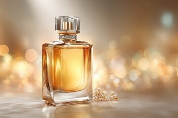 Golden perfume bottle, sparkling details, luxurious bokeh background.