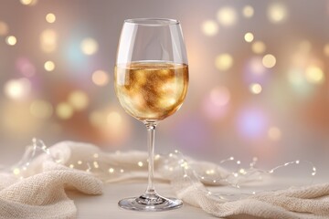 Elegant glass of shimmering golden wine with festive bokeh lights and cozy blanket, perfect for celebration.