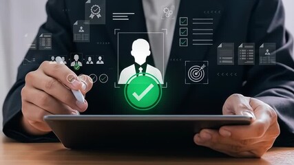 A person in a suit using a tablet, interacting with digital documents . - Powered by Adobe