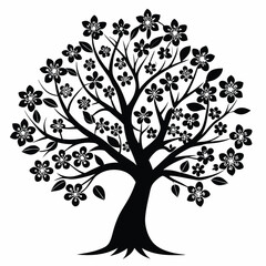 Obraz premium Stylized Black Tree Silhouette with Blossoms and Leaves Against a Plain Background for Design Use
