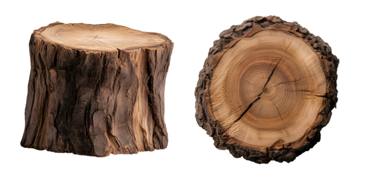 set of cross section of tree trunk, top view of a thick tree slice trunk with irregular edges and visible knots isolated on a transparent background	