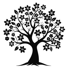Elegant Black Silhouette of a Flowering Tree with Intricate Branches and Detailed Blossoms