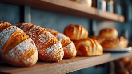 Assortment of freshly baked artisan bread and delicious pastries on display.