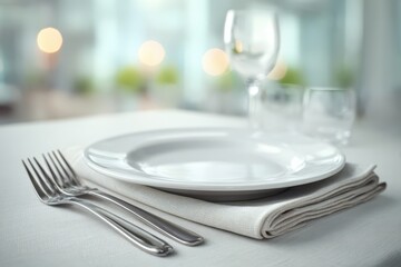Elegant table setting featuring a white plate, forks, and linen napkin, ready for a meal.