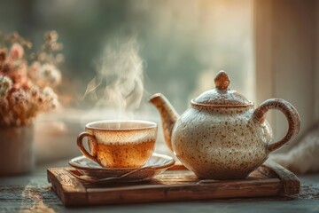 Steaming cup of tea and ceramic teapot on wooden tray, cozy morning light.