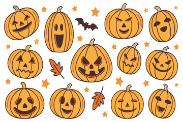 Cute Halloween Pumpkins Set – Funny and Spooky Jack O’ Lantern Faces with Autumn Elements