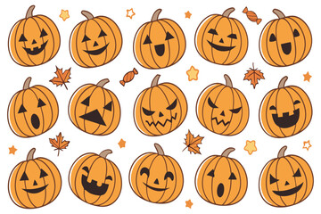 Cute Halloween Pumpkins Set – Funny and Spooky Jack O’ Lantern Faces with Autumn Elements