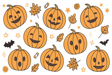 Cute Halloween Pumpkins Set – Funny and Spooky Jack O’ Lantern Faces with Autumn Elements