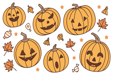 Cute Halloween Pumpkins Set – Funny and Spooky Jack O’ Lantern Faces with Autumn Elements