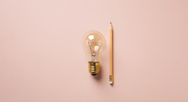 Creativity inspiration,ideas concepts with lightbulb and pencil on pastel color background.Flat lay design.