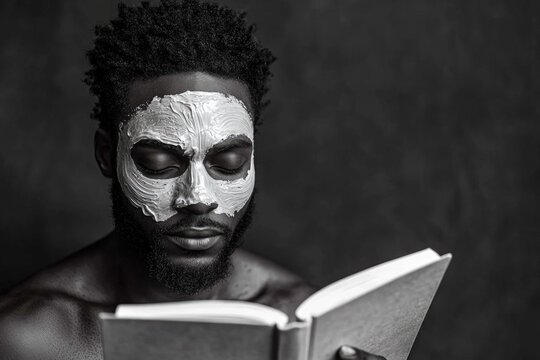 A black man with a facial mask peacefully reads a book, showcasing self-care and relaxation. - Powered by Adobe