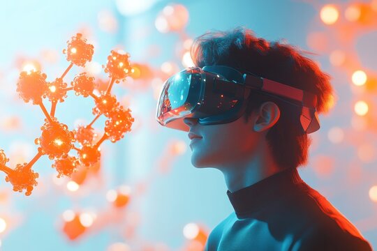 Person wearing VR headset, exploring a 3D model of a molecule in virtual reality.