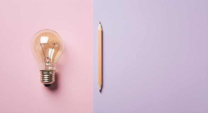 Creativity inspiration,ideas concepts with lightbulb and pencil on pastel color background.Flat lay design.