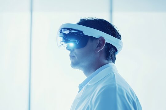 A scientist wearing futuristic augmented reality glasses, exploring digital realms. - Powered by Adobe