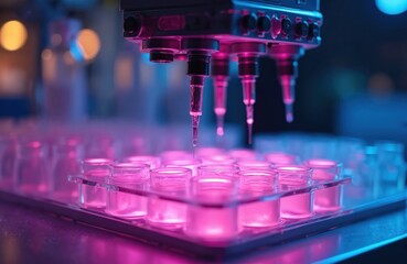 Automated pipetting machine precisely dispenses pink liquid into lab test tubes. Advanced lab equipment for research, analysis, drug discovery. High-tech biotechnology process for medicals, science.