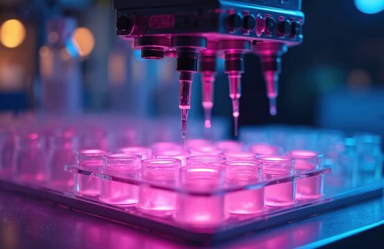 Automated pipetting machine precisely dispenses pink liquid into lab test tubes. Advanced lab equipment for research, analysis, drug discovery. High-tech biotechnology process for medicals, science.