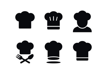 vector solid black filled icons chef hat and utensils (traditional toque): hat outline pleat lines chef silhouette shadow smear light rim edge.