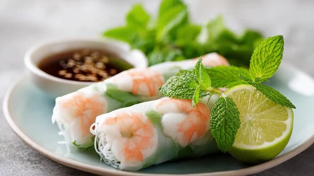 Fresh Spring Rolls: A close-up shot showcases a plate of fresh spring rolls, translucent rice paper wraps brimming with vibrant shrimp and fresh mint leaves.