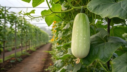 Cultivating the Future A Lush Green Gourd Hanging in a Thriving Agricultural Greenhouse