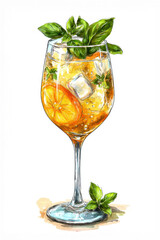 Lillet Spritz Watercolor Illustration with Orange Slice, Herbs, and Ice Cubes — Elegant Summer Cocktail Painting for Bar Menus, Kitchen Decor, Drink Recipe Art, Modern Mixology Poster, Wall Print
