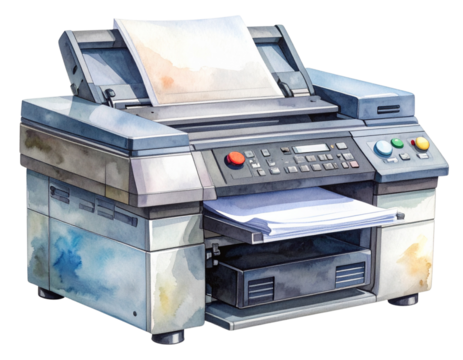 Artistic Watercolor Illustration of Classic Office Copier with Paper Feed, Transparent Background