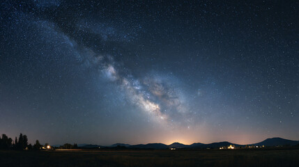 The Milky Way galaxy sweeping across the dark sky, casting its cosmic glow over the peaceful horizon, creating an awe-inspiring scene.