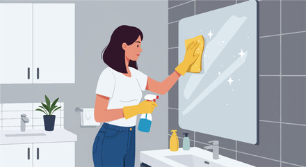 A cheerful young woman in a modern bathroom diligently cleans a large mirror with a spray bottle and cloth, depicted in a clean 2D flat vector illustration.