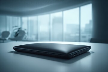 Sleek closed black laptop on a modern office desk, blurred cityscape.