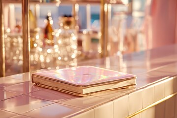 Chic holographic notebook on an elegant tiled bar, with sparkling bokeh lights.