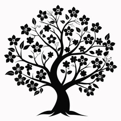 Black Silhouette of a Tree with Flowers and Leaves, Nature Illustration, Floral Design