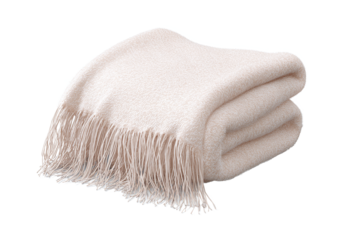 Soft beige throw blanket with fringe, folded, isolated on white transparent background
