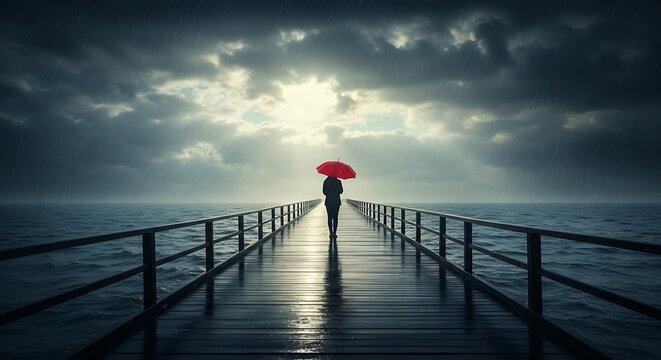 Solitary figure with bright red umbrella on a wet pier under dramatic stormy sky