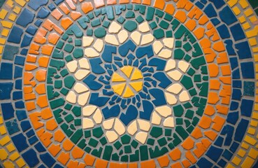 Intricate mosaic floor tiles form captivating pattern of concentric circles. Vibrant orange, blue, green, white colors arranged geometrically. Ceramic, stone material adds texture detail.