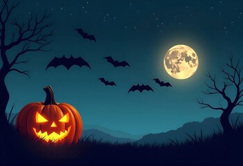  clear night sky with a pumpkin, moon; flying silhouette of bats against the night sky ; on the right side of the picture is empty space for text ; mysterious atmosphere ; Halloween concept