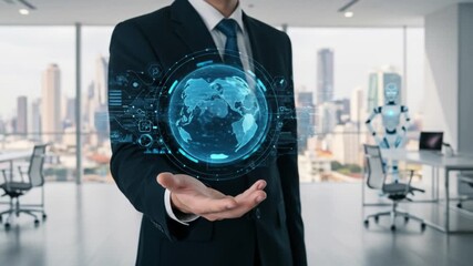 Futuristic businessman holds digital globe as robot coworker stands by, ready for global business - Powered by Adobe