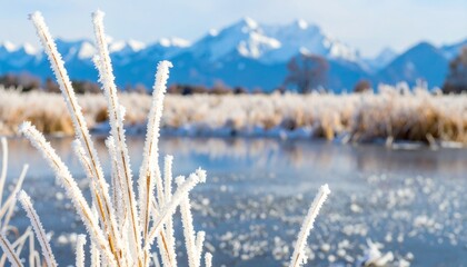 Fototapeta premium Generated image Close Up of White Reeds in a Frozen Wetland with Snowy Mountains in Background