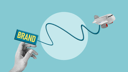 Business branding campaign success and start-up launching. Airplane flying with brand tag with copy space for the text or logo. Brand Building