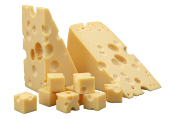 Delicious cheese cubes and slices isolated on transparent background