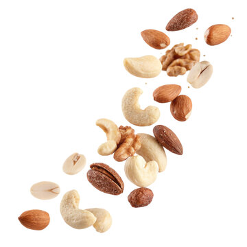 Falling various nuts isolated on transparent background  
