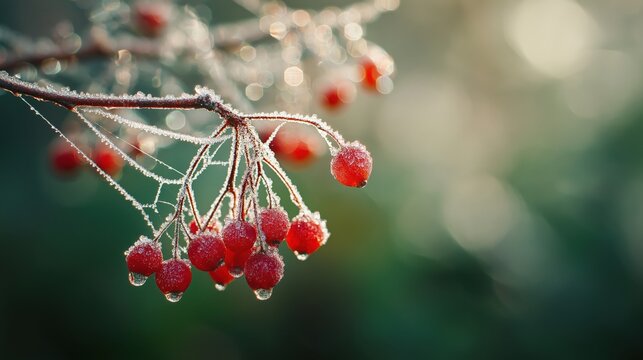 Close-up of frosted red berries with sparkling ice crystals and water drops on frosty morning