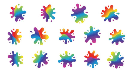 Obraz premium A collection of fifteen vibrant, rainbow-colored paint splatters and ink blots with a smooth gradient effect, isolated on a white background.