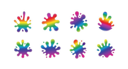 Obraz premium A collection of eight vibrant rainbow paint splatters and splashes on a white background.
