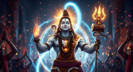 Dynamic Lord Shiva in Cosmic Meditation with Glowing Aura and Devotees Worshipping