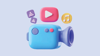 3d video camera icon with play button, music note, and media symbols isolated on soft background, entertainment concept for ui ux app design