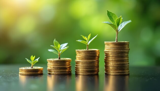 Stacks of gold coins with small green plants growing from, arranged in increasing size from left to right. Image financial growth, investment, concept of money growing over time. Represents profit,