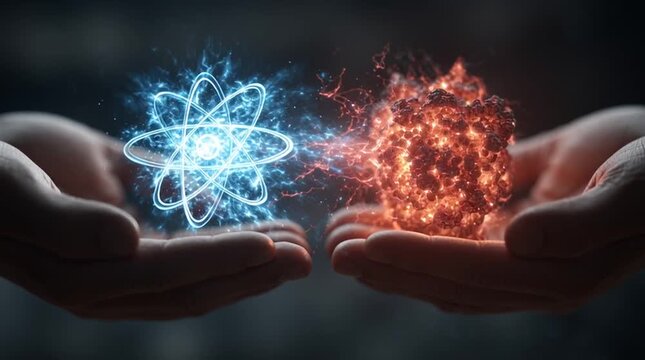 Close-up of two human hands: one calmly holding a stable, glowing blue atom symbolizing clean energy, the other struggling with a chaotic red atom cracking apart, representing dangerous power.
