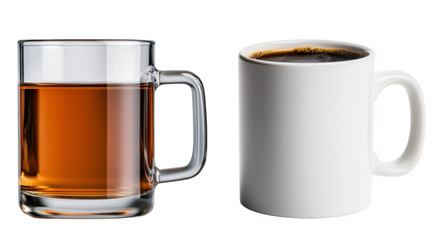 set of glasses, white glass with dark coffee, black tea, green herbal tea isolated on transparent background	