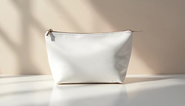 Modern white cosmetic pouch mockup features realistic fabric zipper bag for makeup beauty tools. Clean elegant toiletry container with subtle texture. Bright lighting, pro design, luxury fashion - Powered by Adobe
